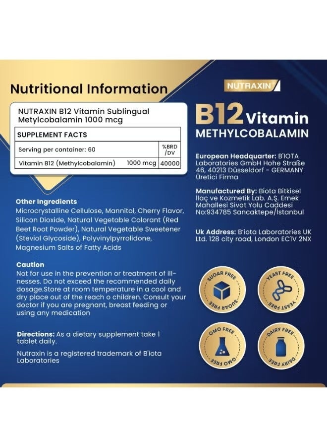 Nutraxin Vitamin B12 Sublingual, Cherry Flavored, Fast Dissolving 1000 mcg 60 Vegan Tablets - Image 3